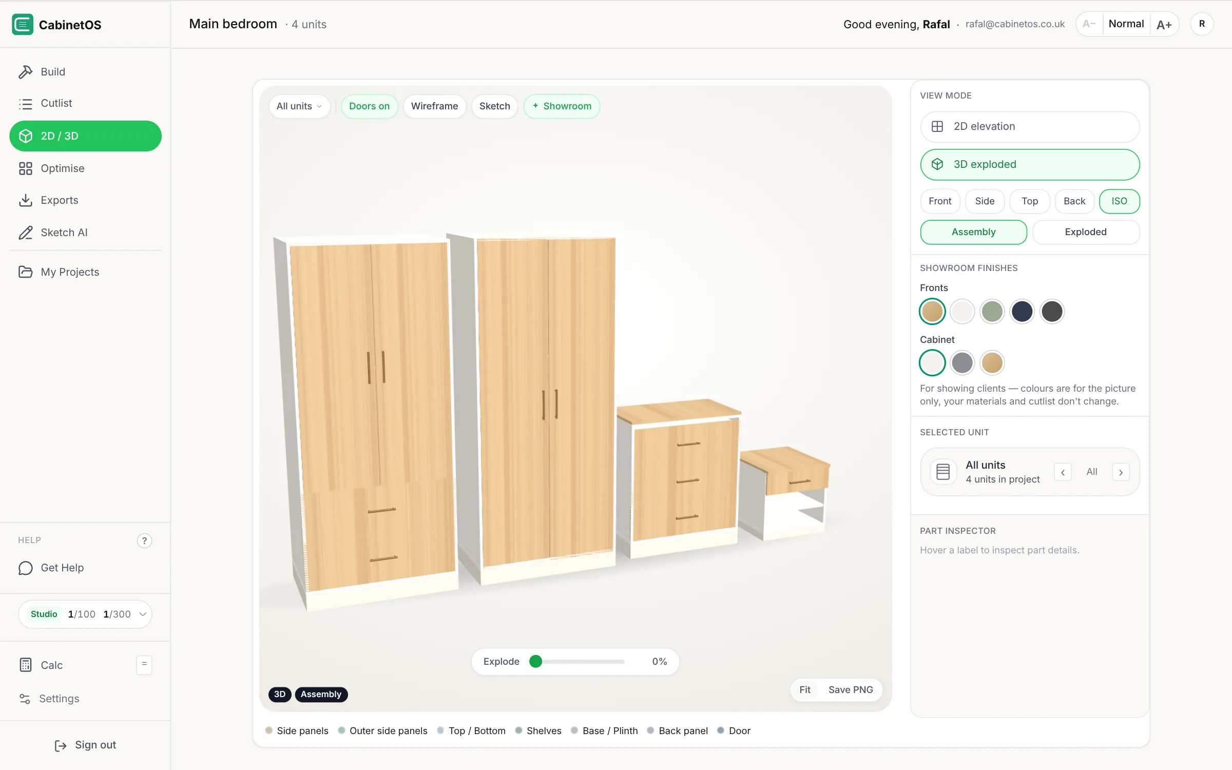 CabinetOS showing a bedroom job in 3D: two wardrobes, a chest of drawers and a night stand with wood fronts