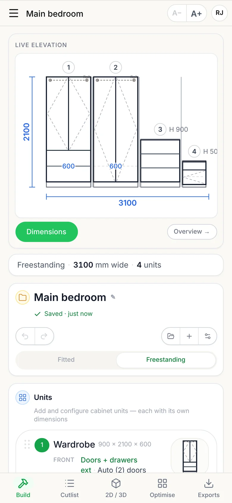CabinetOS on a phone: the units drawn to size as they are added