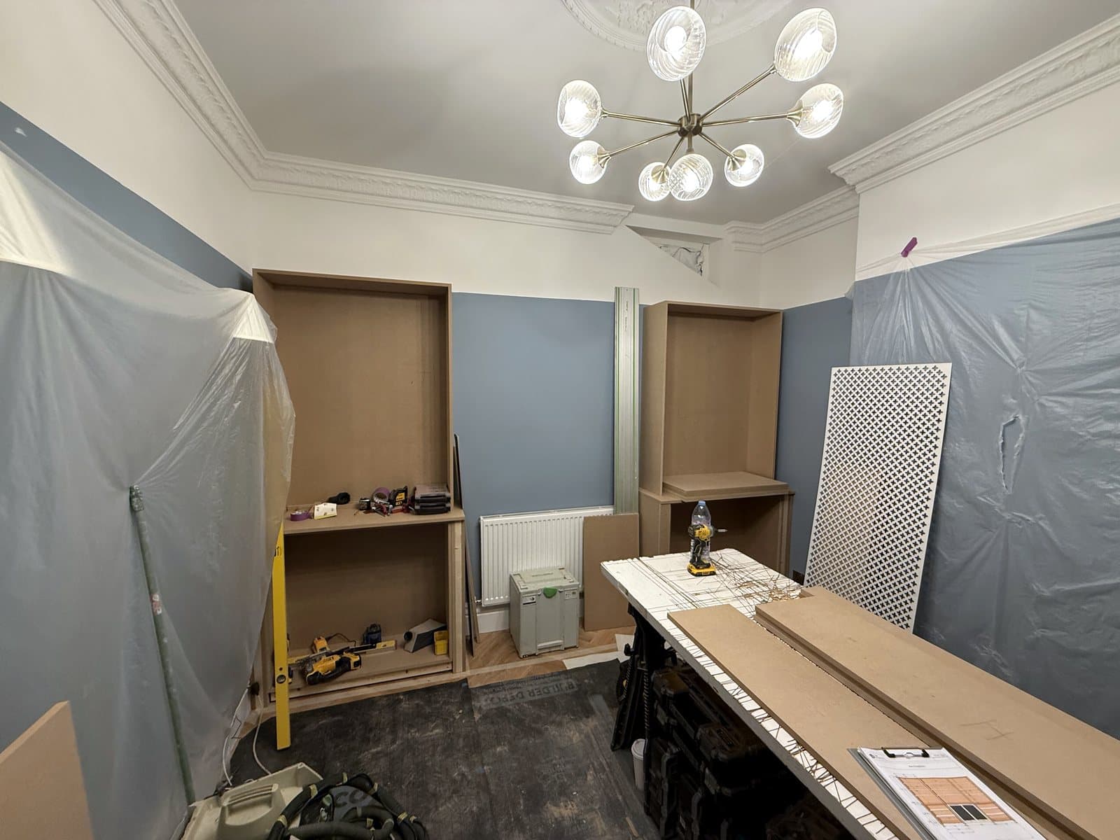 Bench set up in the room with the first bays