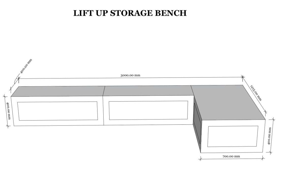 SketchUp drawing of the lift-up storage bench with its sizes: 3000 mm long, 1215 mm return, 400 mm high