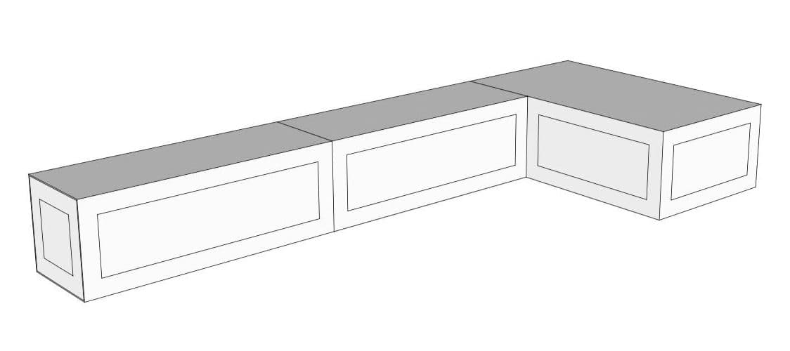 SketchUp view of the bench showing the three panelled fronts