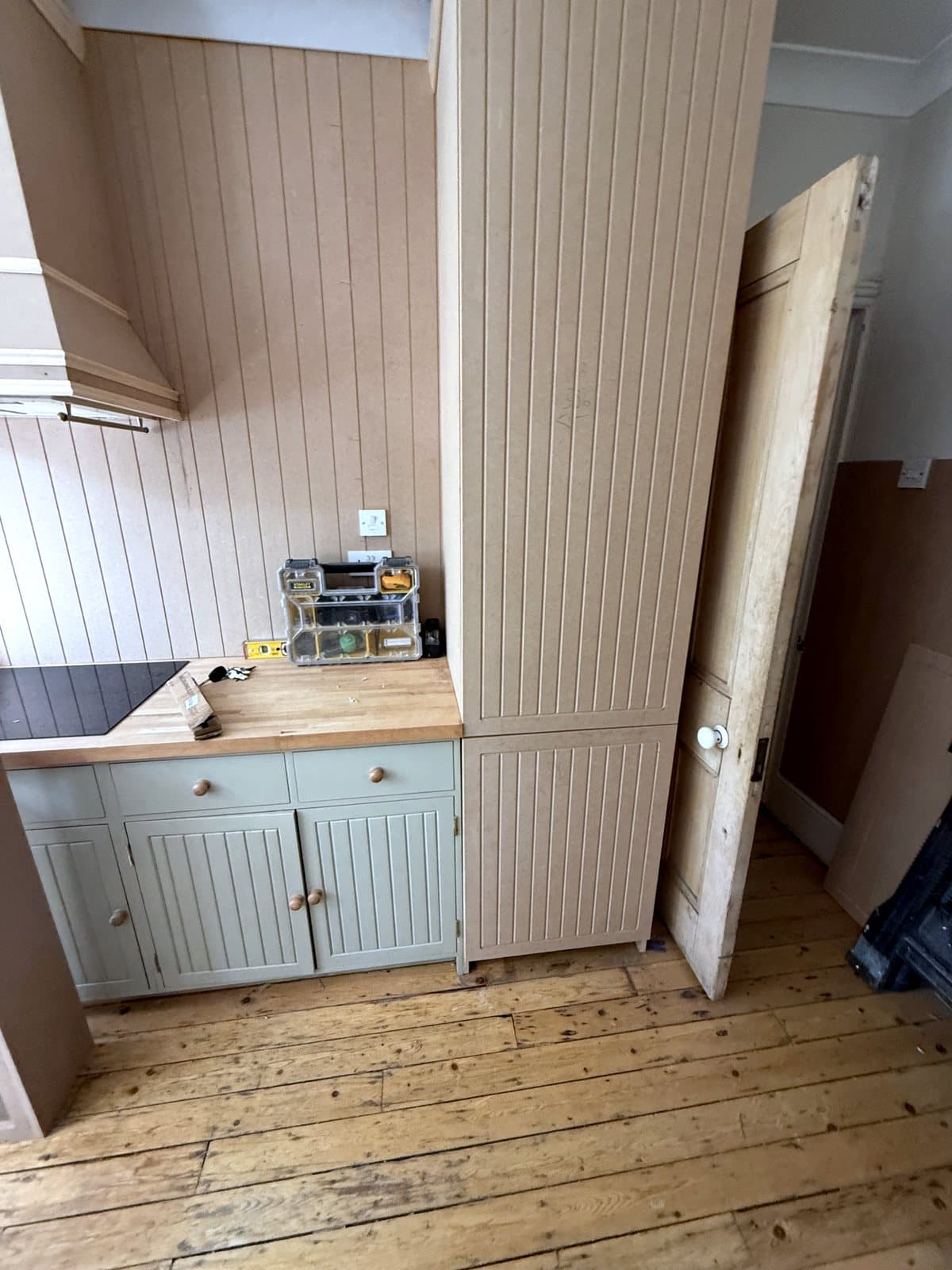 Tall unit and worktop from the hall side