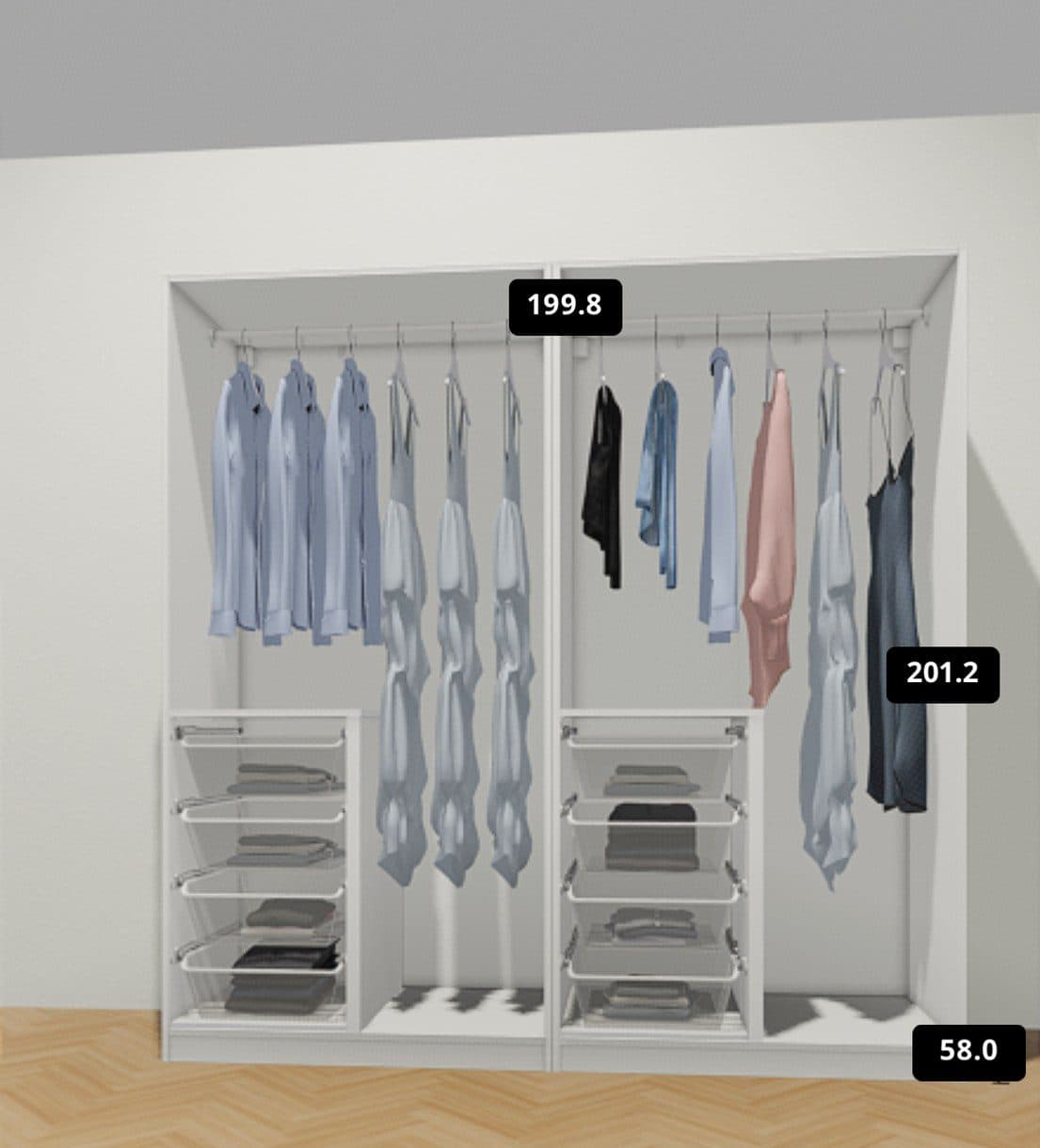 IKEA planner drawing of a two-section PAX wardrobe with drawers and hanging rails