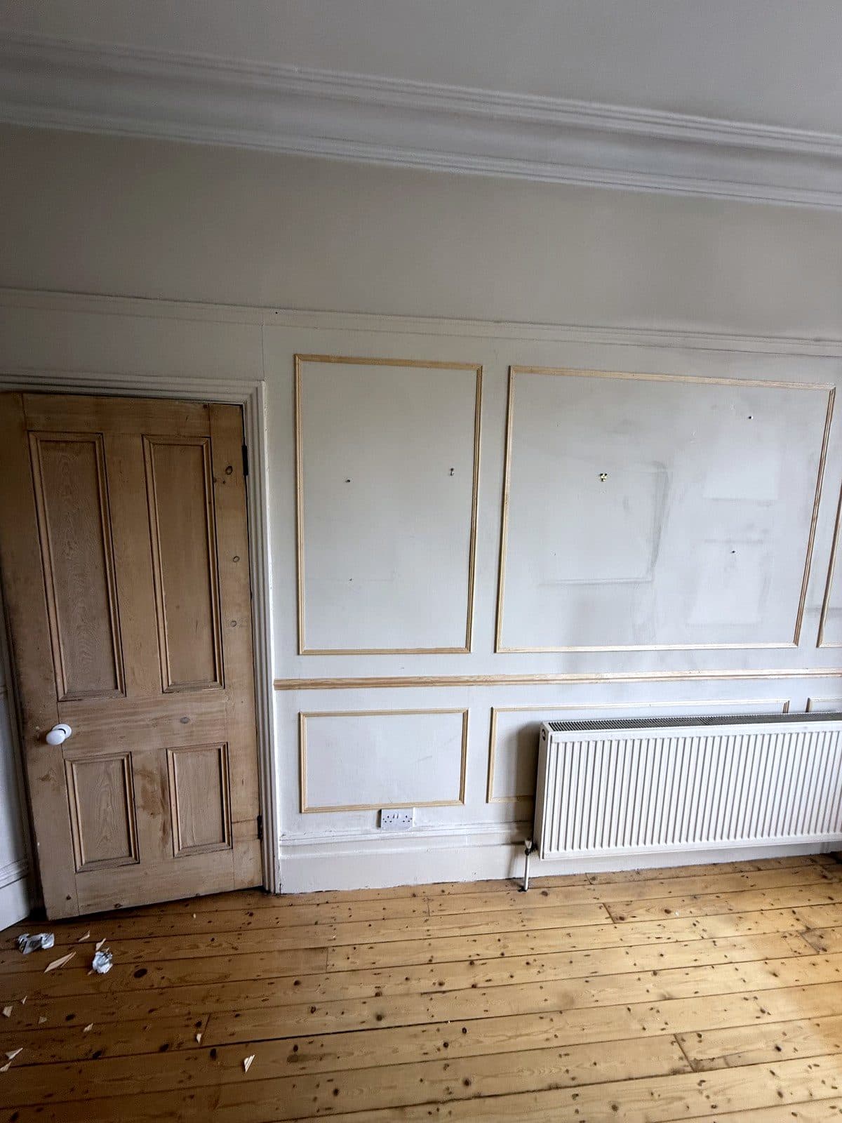 Panelled wall between the door and the radiator