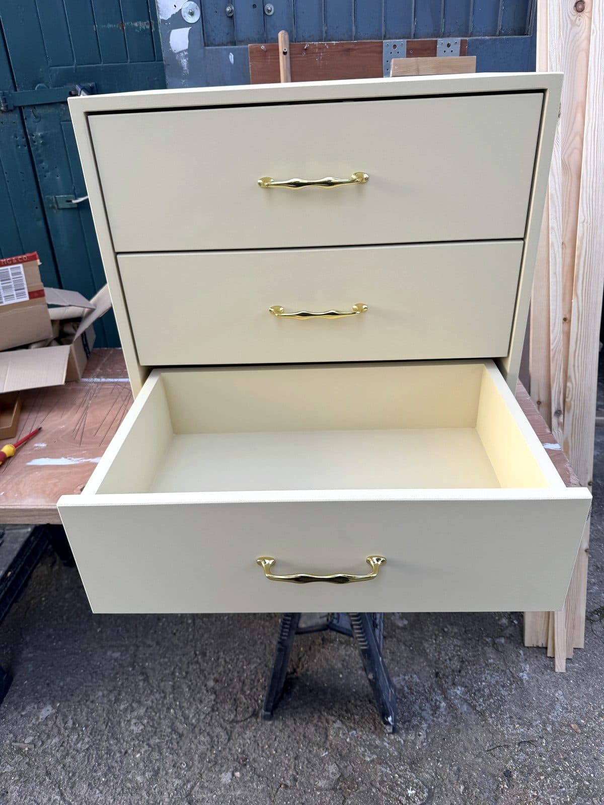 Bottom drawer pulled out, showing its depth
