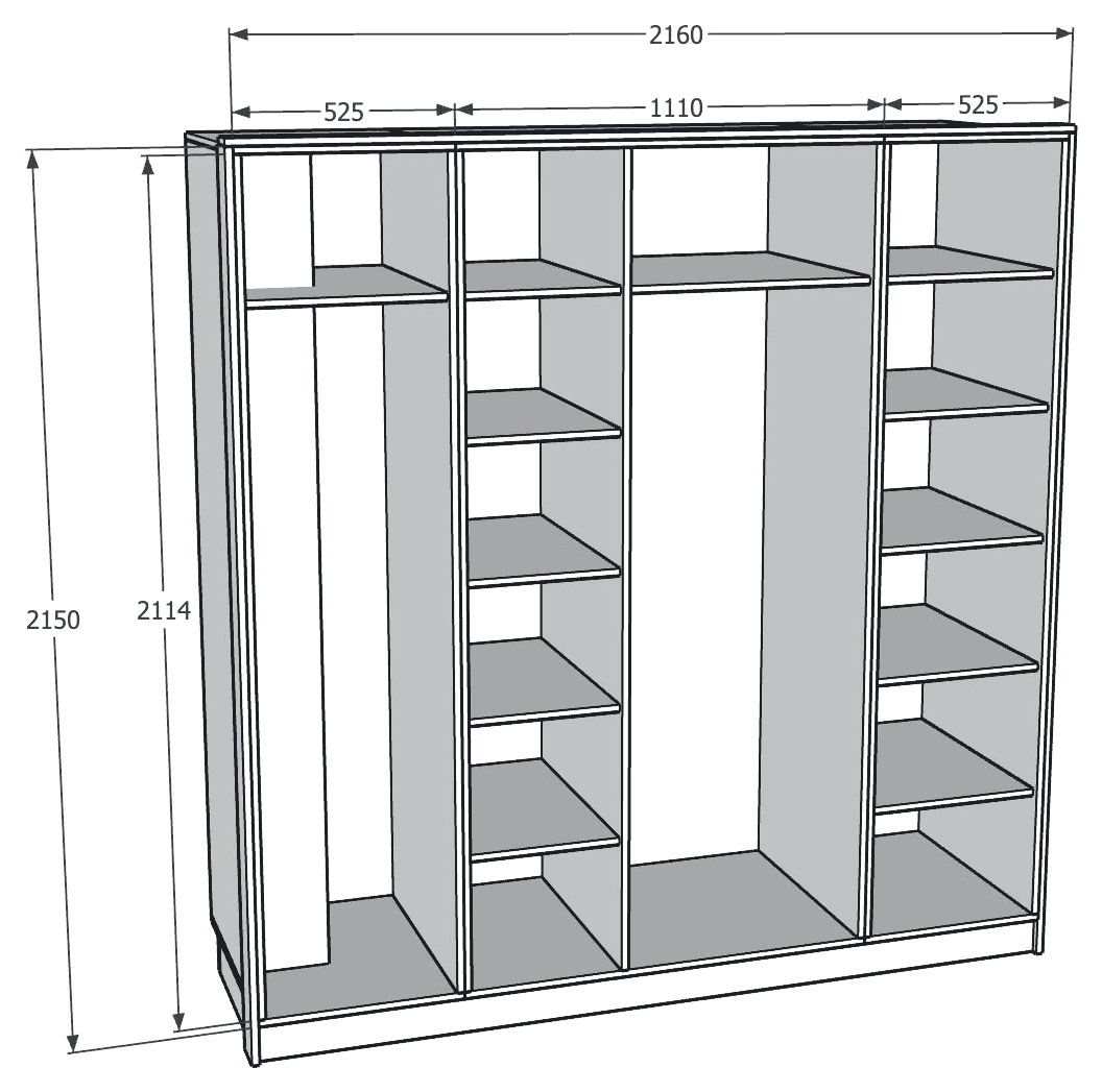 SketchUp drawing of a four-section wardrobe with shelves, hanging space and dimension lines