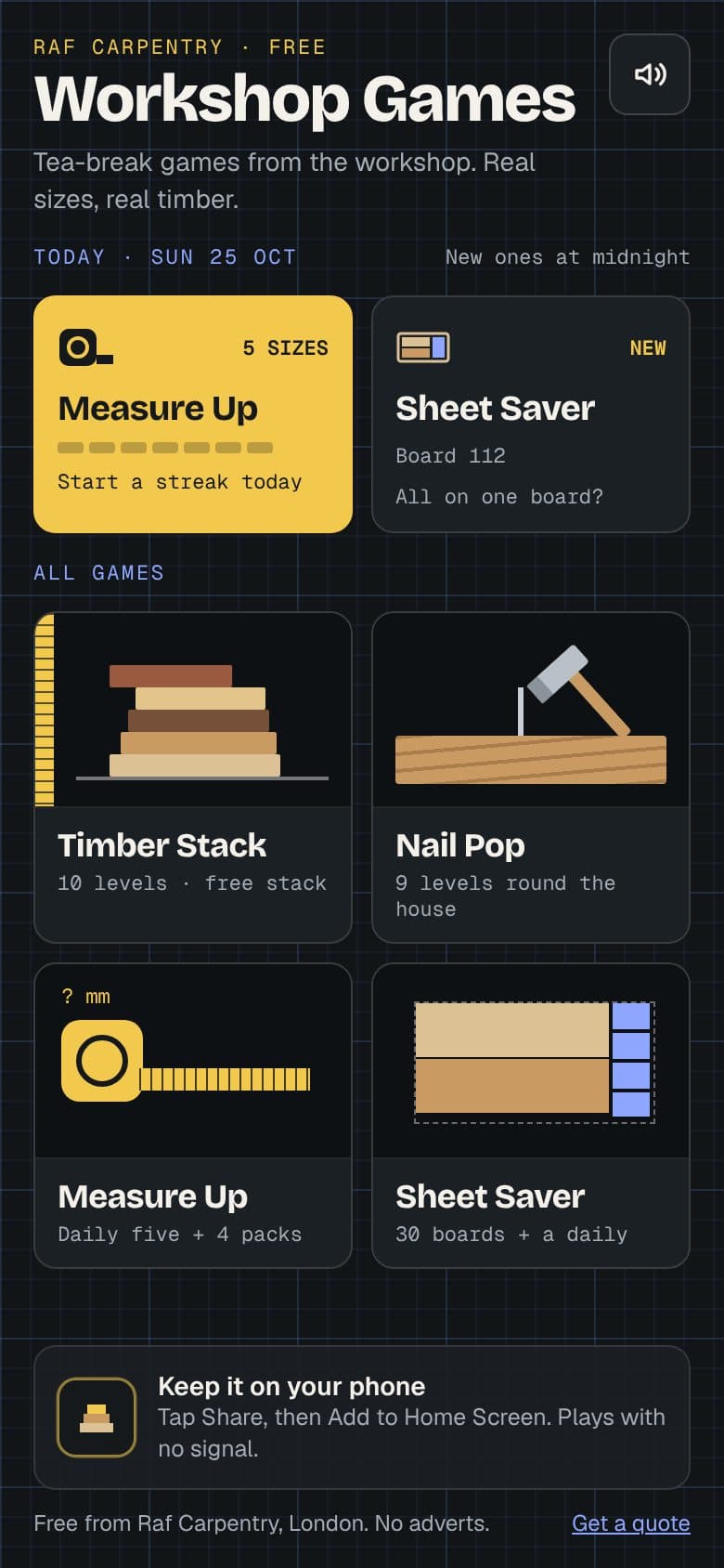 Workshop Games on a phone: today’s Measure Up and Sheet Saver at the top, then all four games.