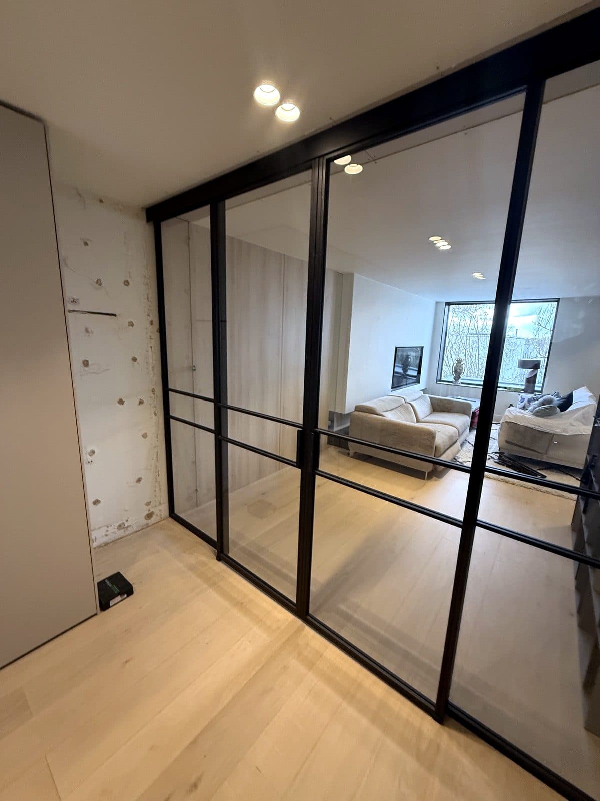 Black-framed glass sliding doors looking through to a living room