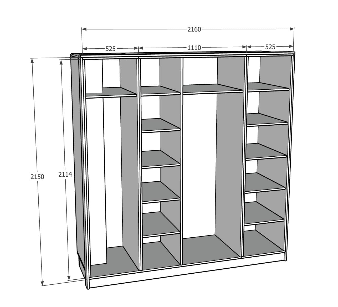 SketchUp wardrobe design with dimensions