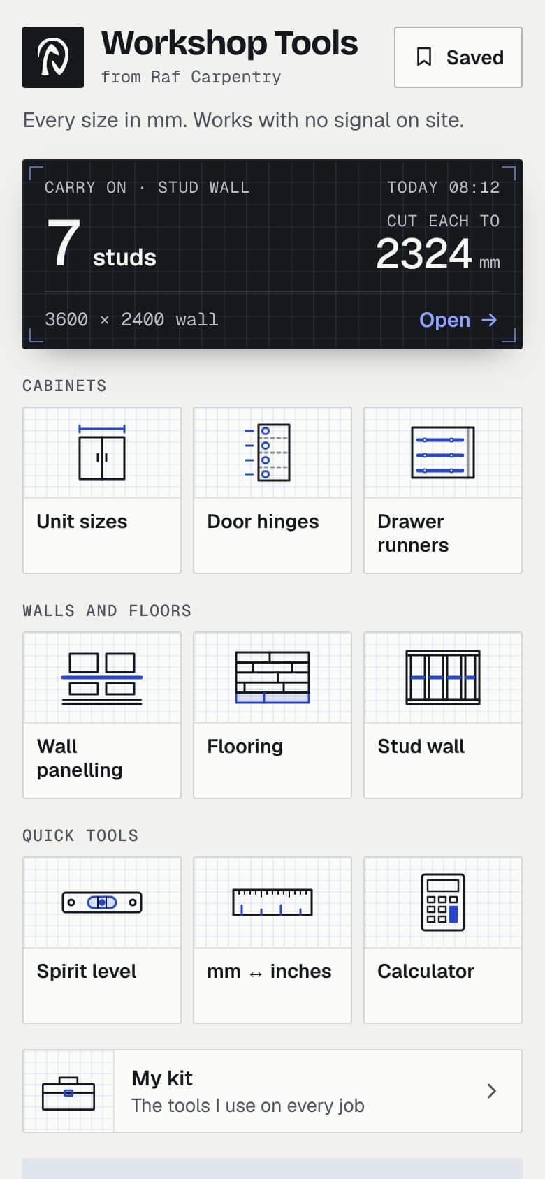 The Workshop Tools app on a phone: Carry on with the stud wall left this morning (7 studs, cut each to 2324), then the tools in three groups with a small drawing each.