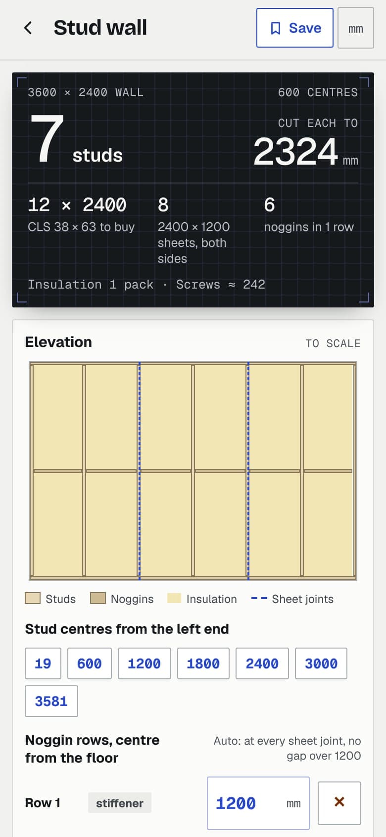The stud wall tool: the answer first, 7 studs cut to 2324 for a 3600 by 2400 wall with the timber, sheets and noggins, then the wall drawn to scale.
