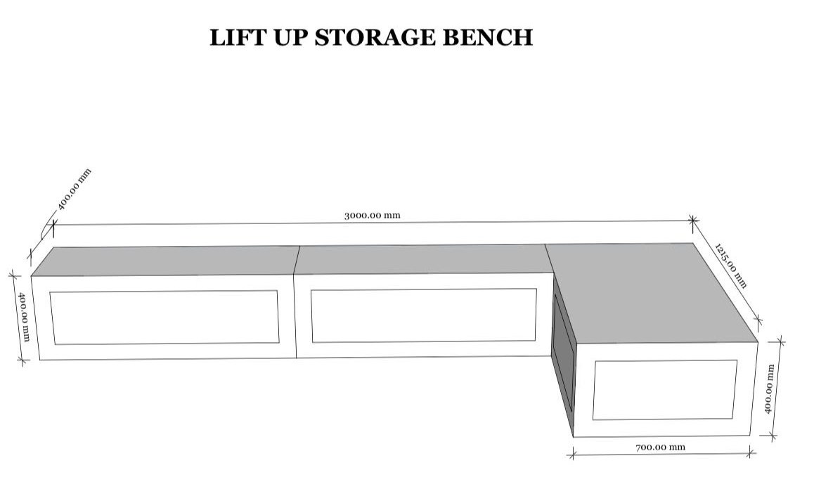 SketchUp drawing of the lift-up storage bench with its sizes